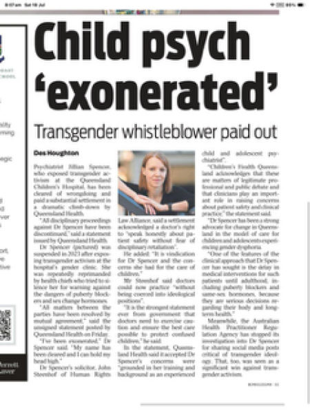Queensland child psychiatrist vindicated after persecution for questioning GI, child transition and child “gender affirming healthcare” (surgeries).