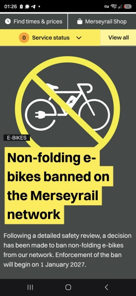 Merseyrail BANNING EBIKE even legal ones