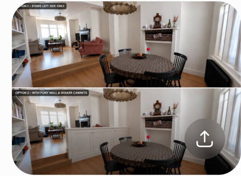 Remove chimney breast and add pony wall/cupboards to improve dining space?