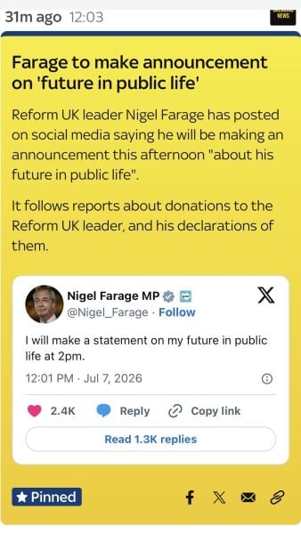 Farage to make statement this afternoon …