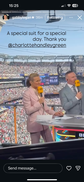 Gabby Logan’s pink suit