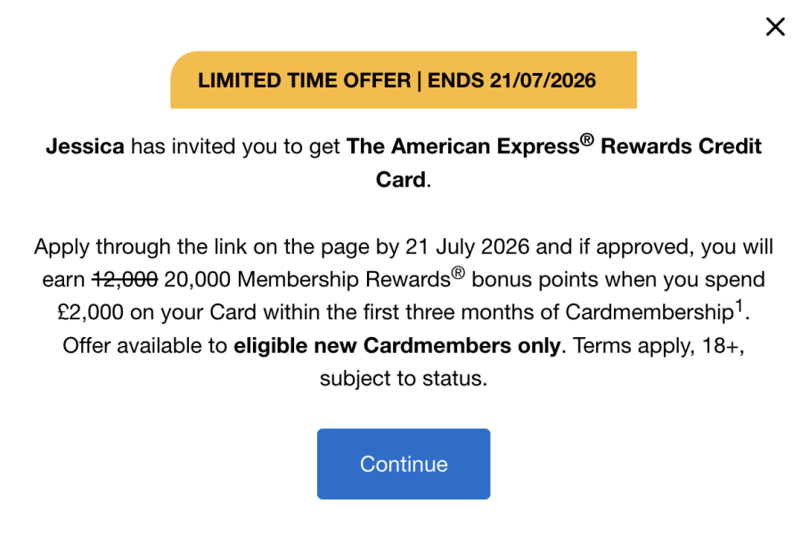 American Express new member offer 20k bonus points