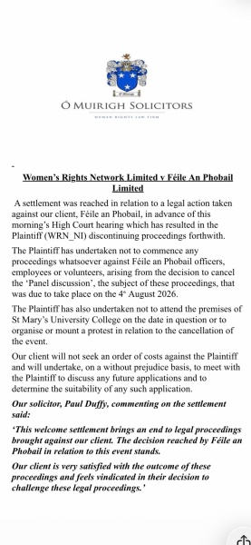 Cancellation of WRN NI event at Féile festival.