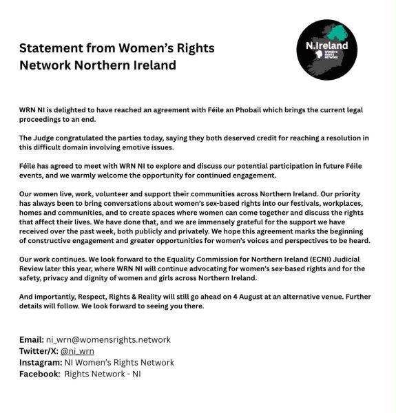 Cancellation of WRN NI event at Féile festival.