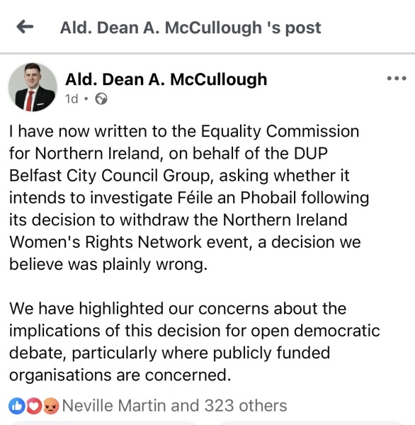 Cancellation of WRN NI event at Féile festival.
