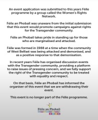 Cancellation of WRN NI event at Féile festival.