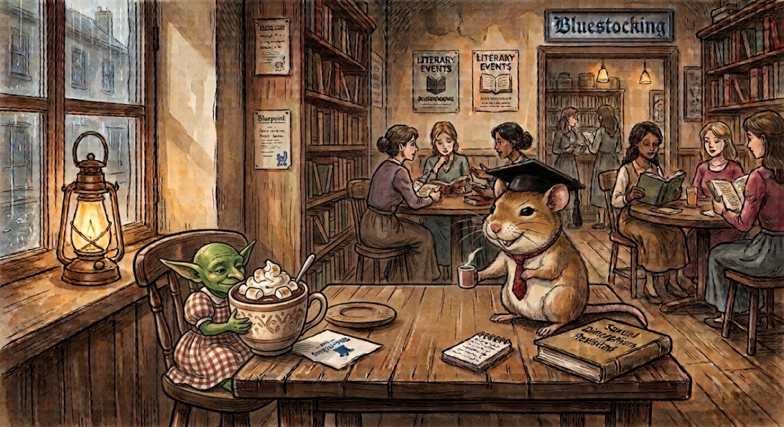 The Bluestocking Women's Pub, in which we wait excitedly for the next instalment of Gosie's adventures. Gosie, Glass and the Gerbils' Dilemma.