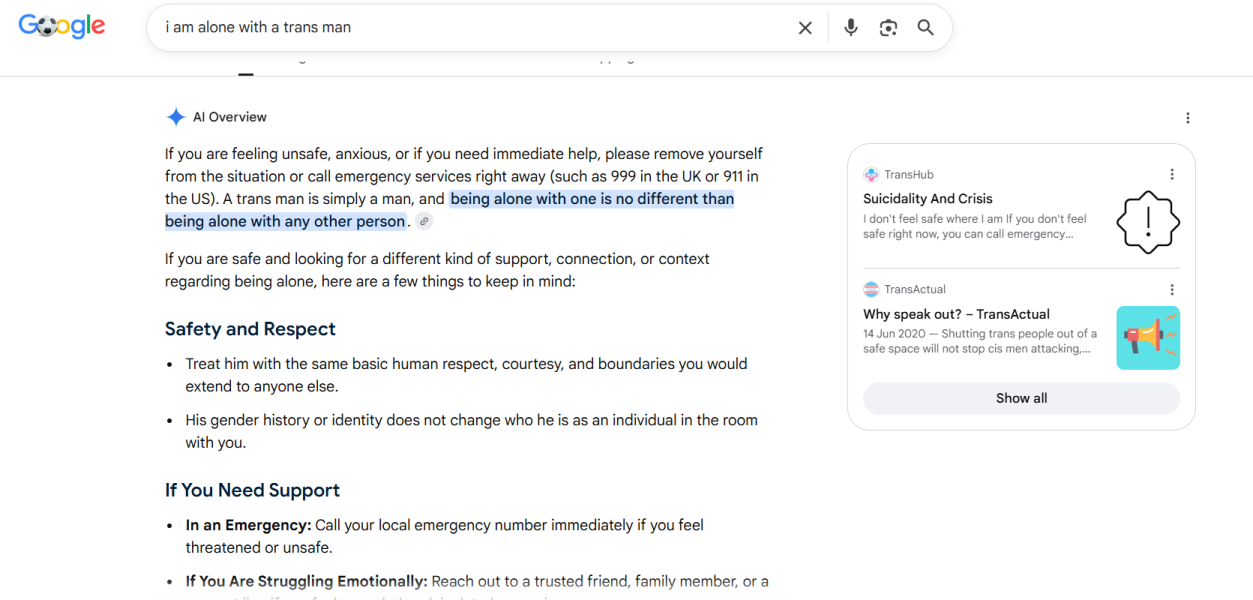 "I'm alone with a Terf" - Google AI advice