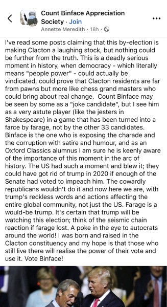 To think Count Binface is doing a great job in the Clacton by-election?