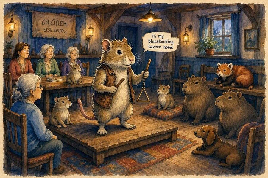 The Bluestocking Pub, where we continue to read about gerbils nobly and bravely working undercover in the Fen.