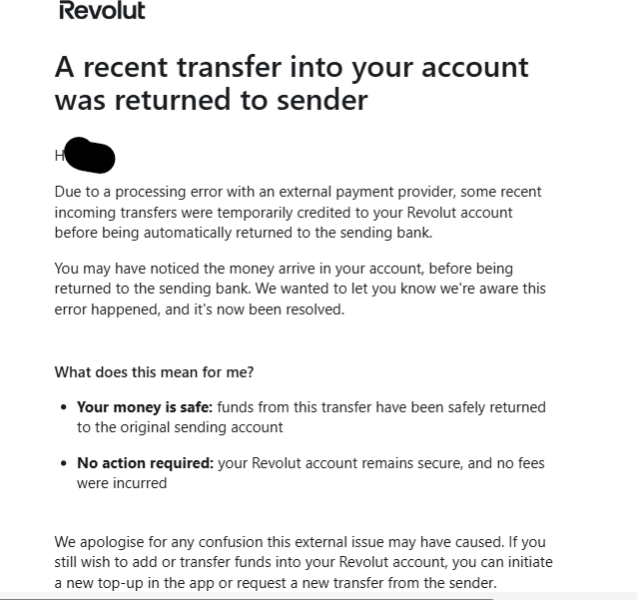 Transfer from Lloyds to Revolut, sent back, but a week later and no sign - WORRIED