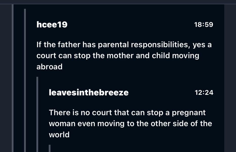 Can he stop his baby's mother moving away before the birth?