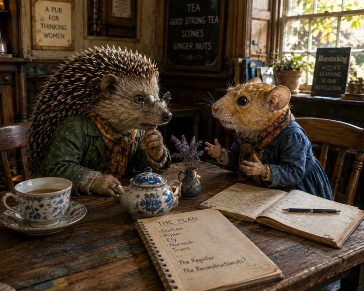 The Bluestocking Pub, where we continue to read about gerbils nobly and bravely working undercover in the Fen.