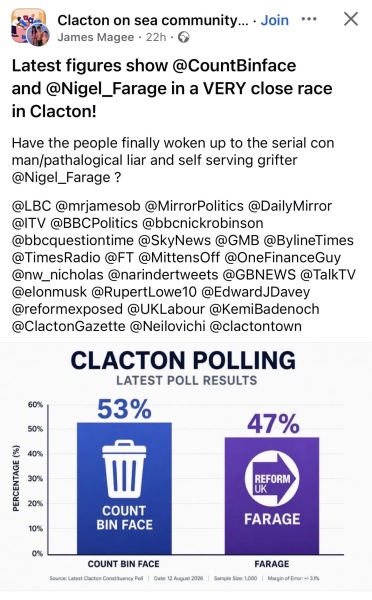 To think Count Binface is doing a great job in the Clacton by-election?