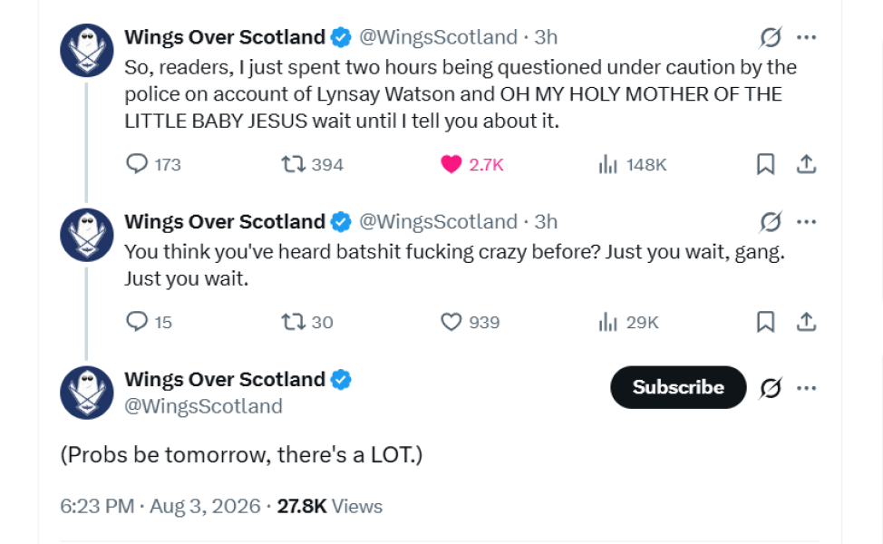 Wings Over Scotland questioned under caution by police on account of Lynsay Watson