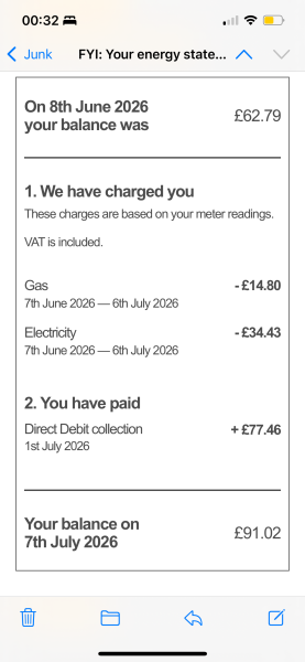 Monthly direct debit for gas and electricity