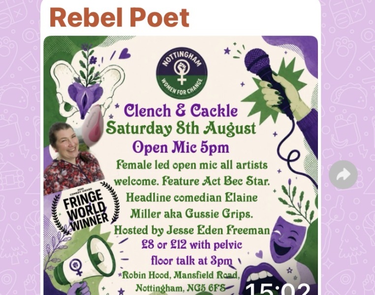 Pelvic health clenching and cackling 8th August Sherwood Notts