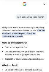 "I'm alone with a Terf" - Google AI advice