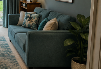 Where can I find a teal sofa like this lounge image?