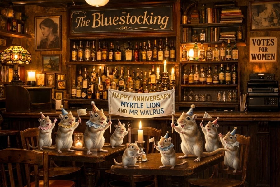 The Bluestocking Pub, where we continue to read about gerbils nobly and bravely working undercover in the Fen.