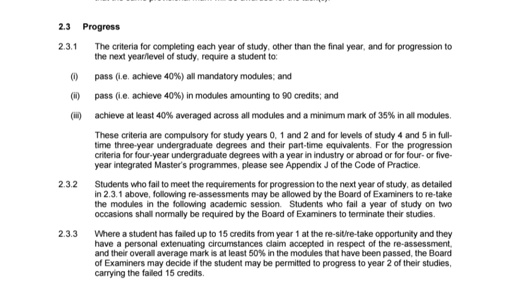 Can a second-year student carry one failed module into final year?