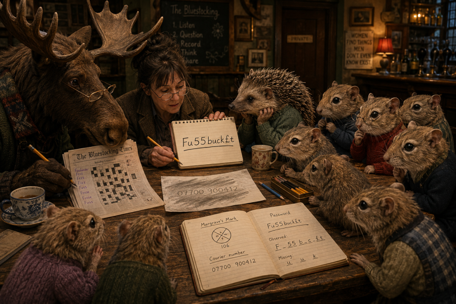 The Bluestocking Pub, where we continue to read about gerbils nobly and bravely working undercover in the Fen.