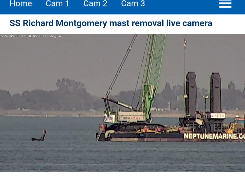 For anyone interested in the removal of the masts from the SS Richard Montgomery in the Thames, it’s happening now!