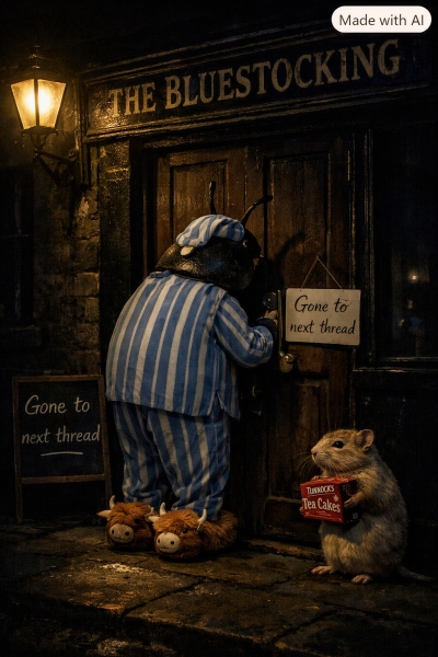 The Bluestocking Pub, where we continue to read about gerbils nobly and bravely working undercover in the Fen.