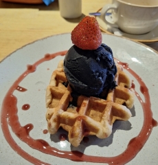 Black vanilla ice cream unexpectedly delicious after a lovely caravan park meal