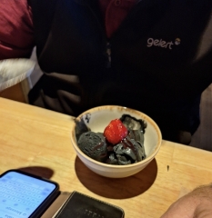 Black vanilla ice cream unexpectedly delicious after a lovely caravan park meal