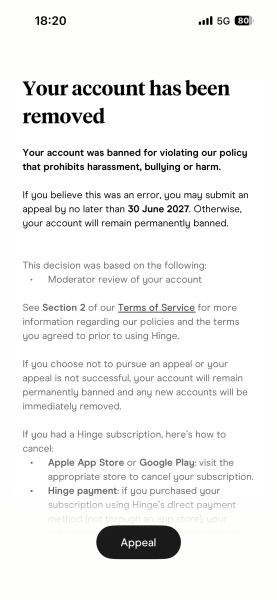 To feel like my dating life is over now my hinge account has been banned
