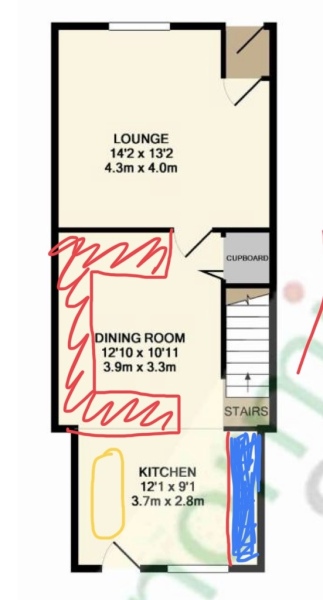 Reno advice: Would putting the kitchen in the middle room be a mistake?