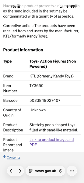Asbestos in stretchy toy