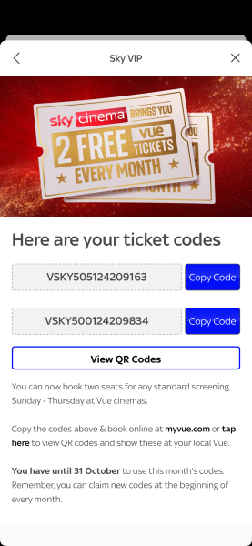 SKY codes for Vue cinema