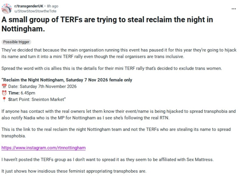 Reclaim the Night Nottingham, Saturday 7 Nov 2026 female only