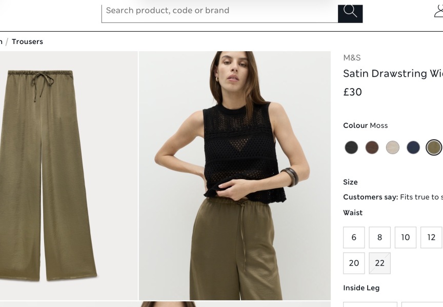 M&S drawstring wide leg satin trousers