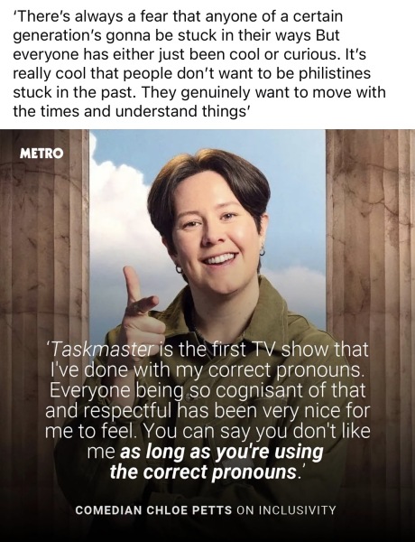 Taskmaster: if you don’t use ‘correct’ pronouns you’re a philistine…